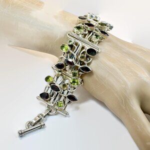 Gemstone Bracelet, Sterling Silver, Garnet, Citrine, Peridot, Vintage, Boho